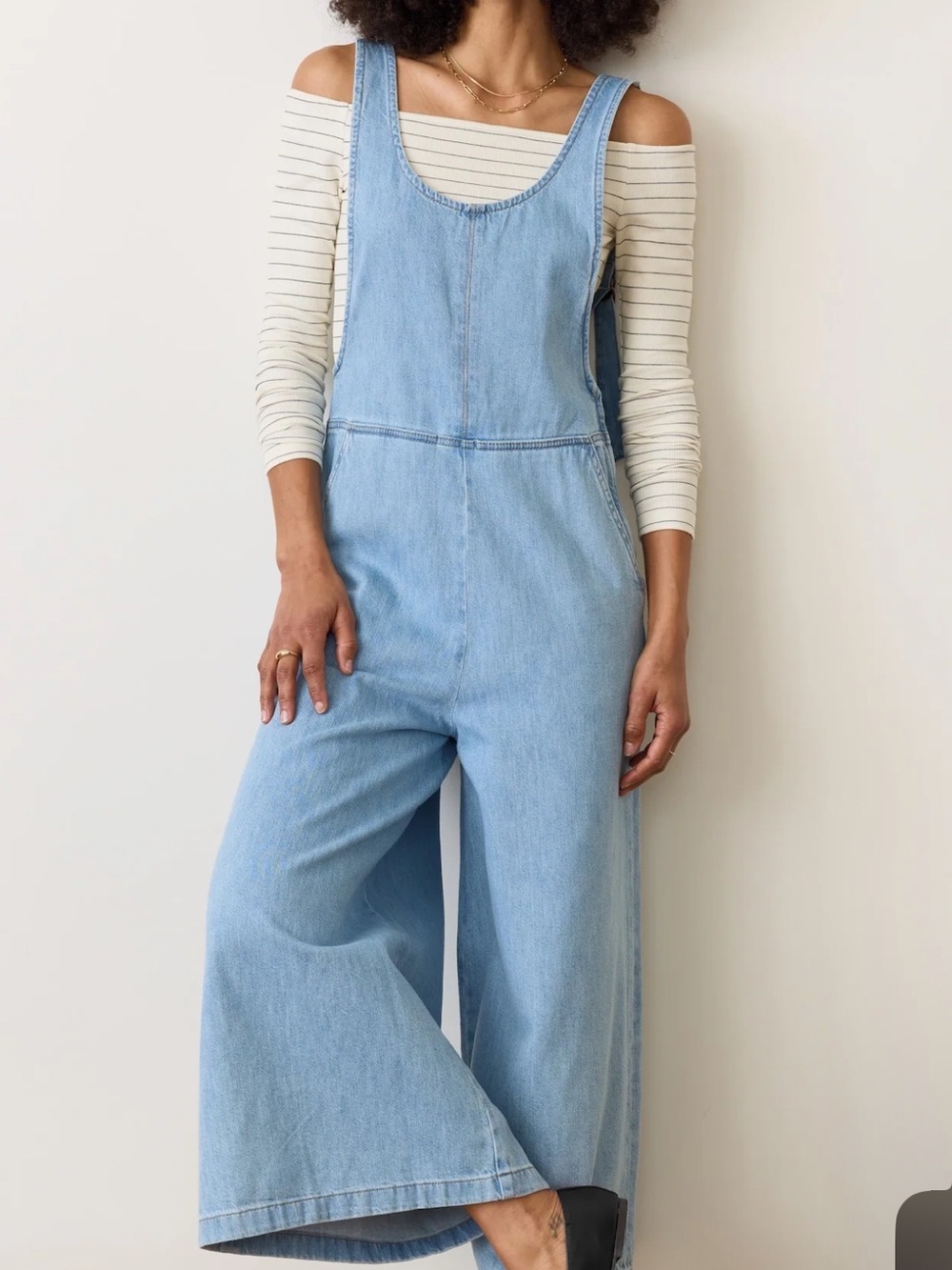 Marine Layer Layla Denim Overalls Light Wash Cotton Relaxed Fit Wide Leg Sz L